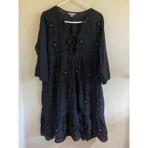 Shade Amour Black Embroidered Floral‎ Vneck Tie Front Cotton Dress Boho Large